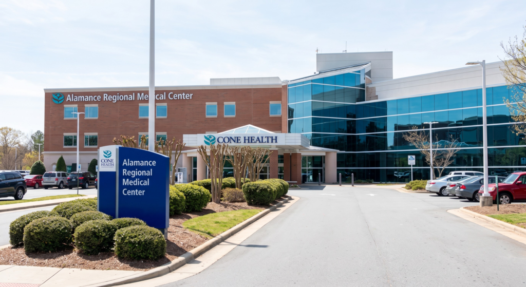 Alamance Regional Hospital in Burlington, NC- a brick building that is a hospital that has a parking lot on either side