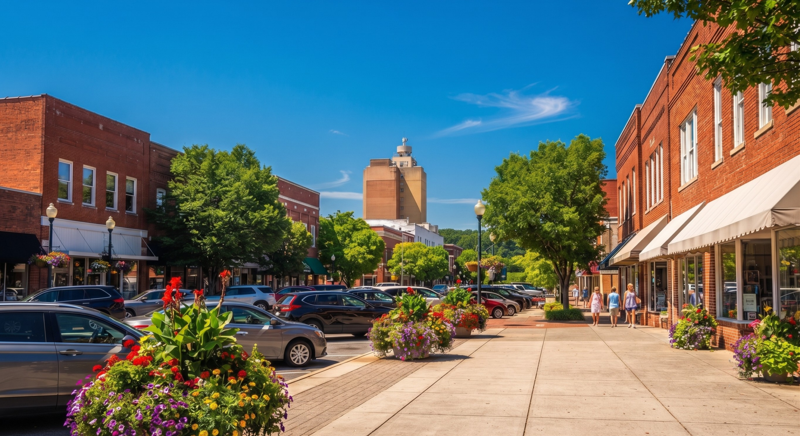 Downtown Burlington on a summer day with people walking on the sidewalks and brick buildings line the streets.
