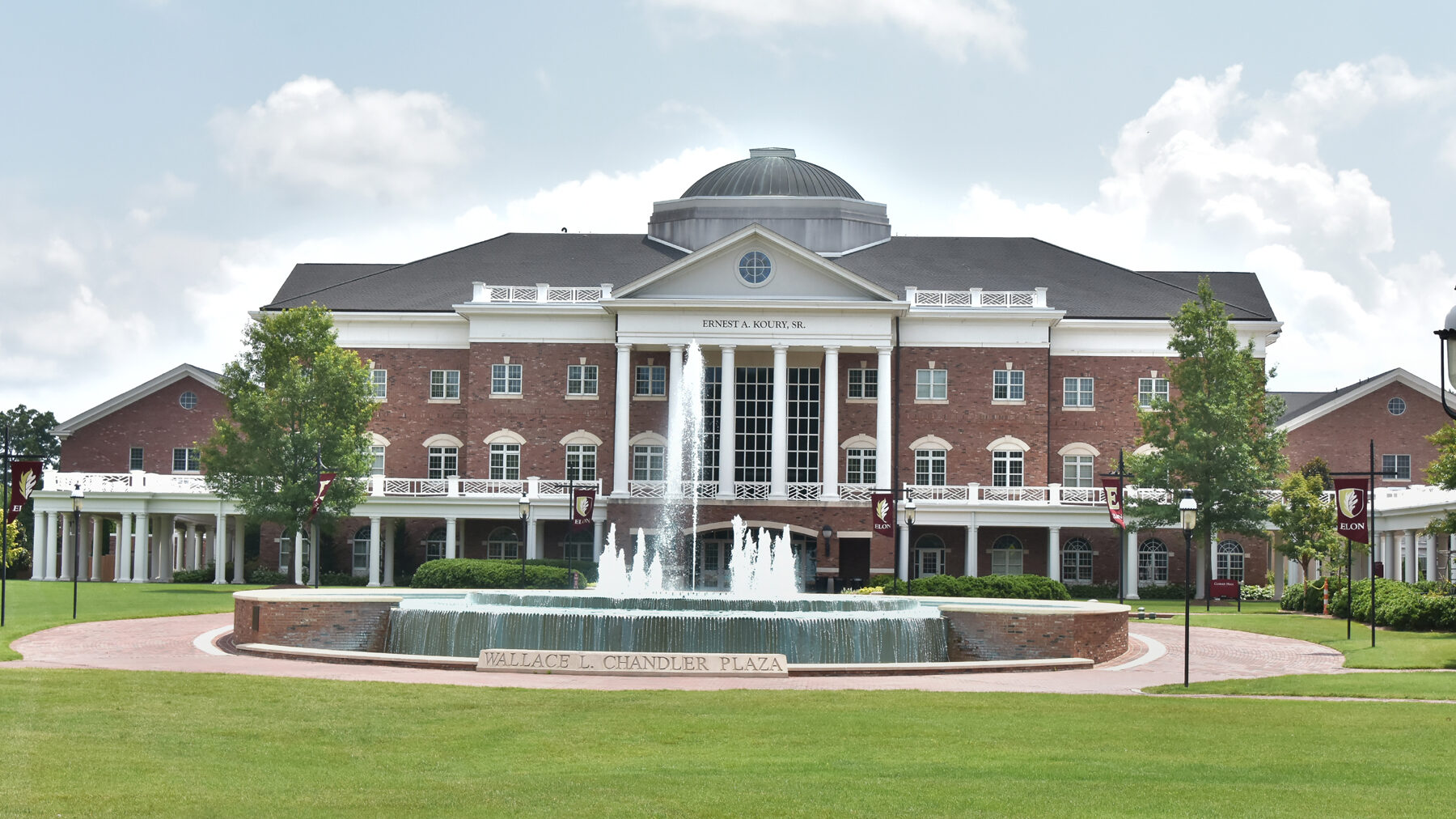 Fountain outside the Ernest A. Koury Sr. Business Center at Elon University.