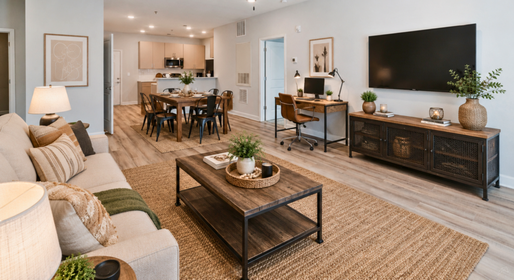 Spacious livingroom with office set up in the middle of the room