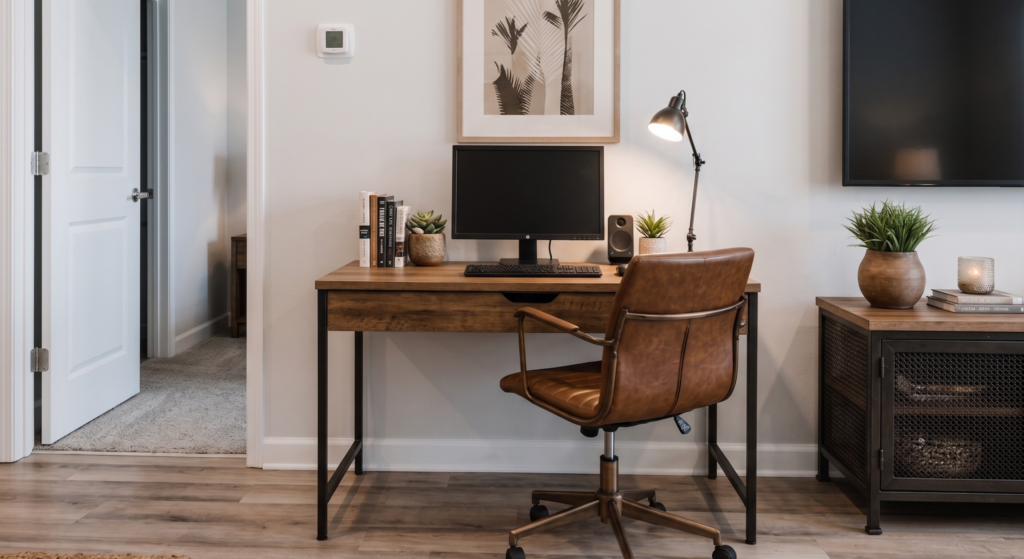 Office set up with desk and chair near living area