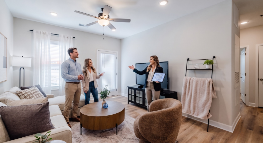 Leasing professional gives a couple a tour of a Preston Park apartment.
