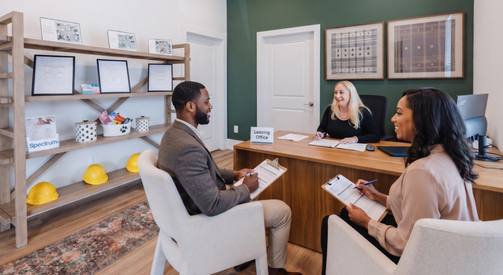 Leasing team reviews application paperwork with a prospective resident at Preston Park Apartments.