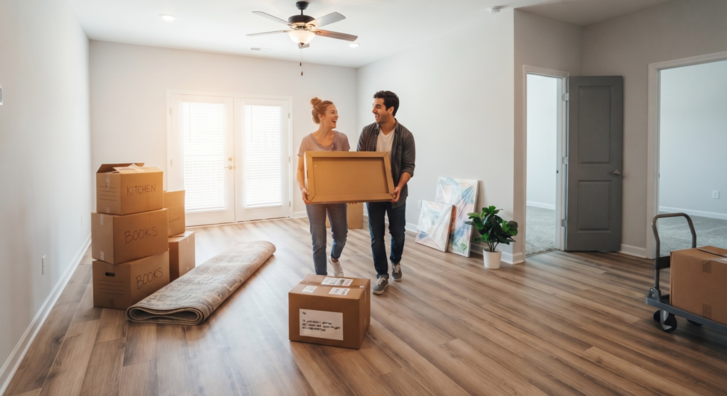 Couple carrying moving boxes into a bright apartment at Preston Park Apartments in Burlington, North Carolina.
