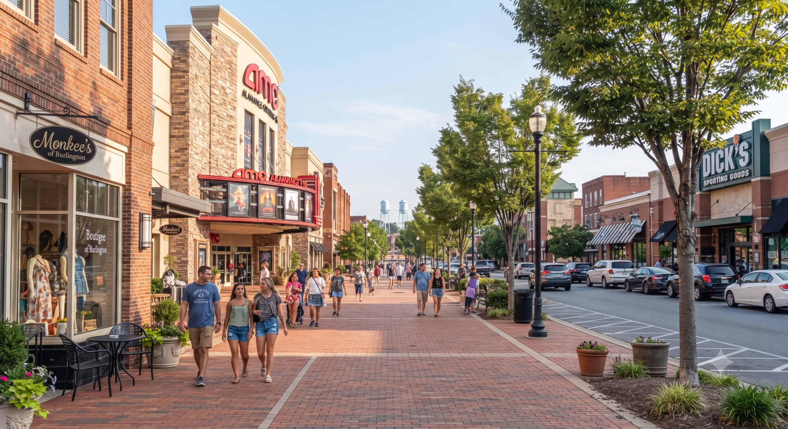 Alamance Crossing Center in Burlington, NC. Images shows people walking on a sidewalk along side a one way street near an AMC theater