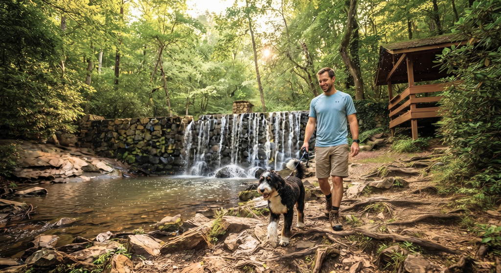 Man hiking with his dog along a wooded trail beside a small waterfall in Burlington, North Carolina.