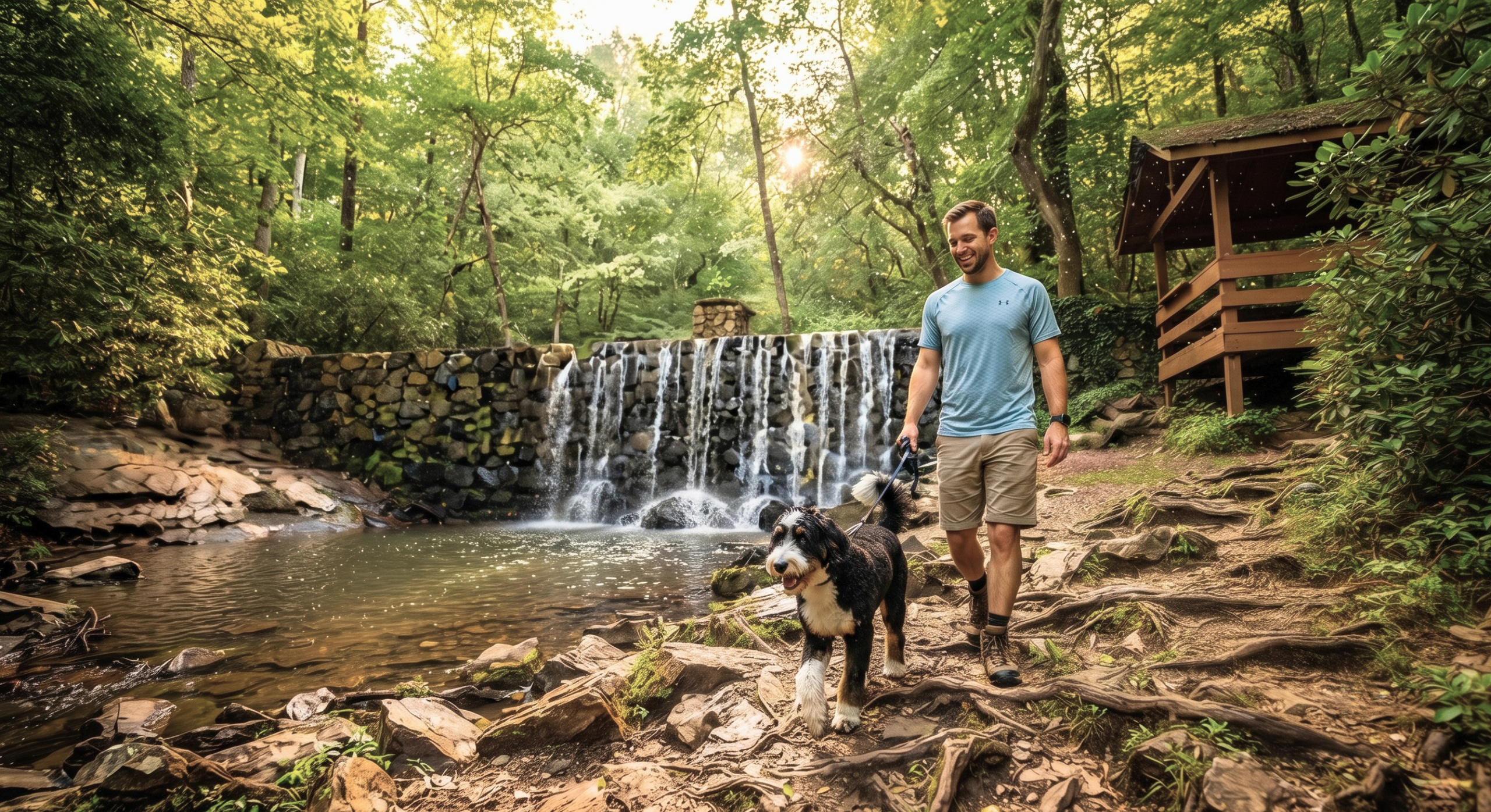 Man hiking with his dog along a wooded trail beside a small waterfall in Burlington, North Carolina.