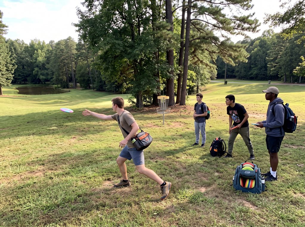 Group of people playing disc golf on a wooded course in Burlington, North Carolina.