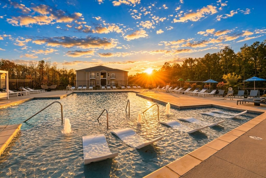 Resort-style swimming pool at Preston Park Apartments in Burlington, NC, with in-water lounge chairs, fountains, and poolside seating at sunset.